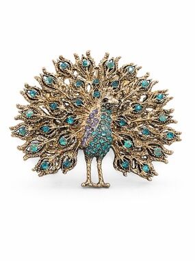 Vintage Style Peacock Brooch Gold Tone Blue Rhinestone Statement Pin